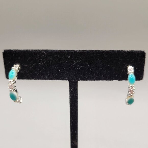 Turquoise Color Silver Tone Half Hoop Earrings With Stud Back - Picture 1 of 7